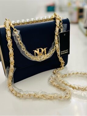 Badgley Mischka Two Sided Navy Shoulder Bag with Pearl Top Handle and Gold Chain